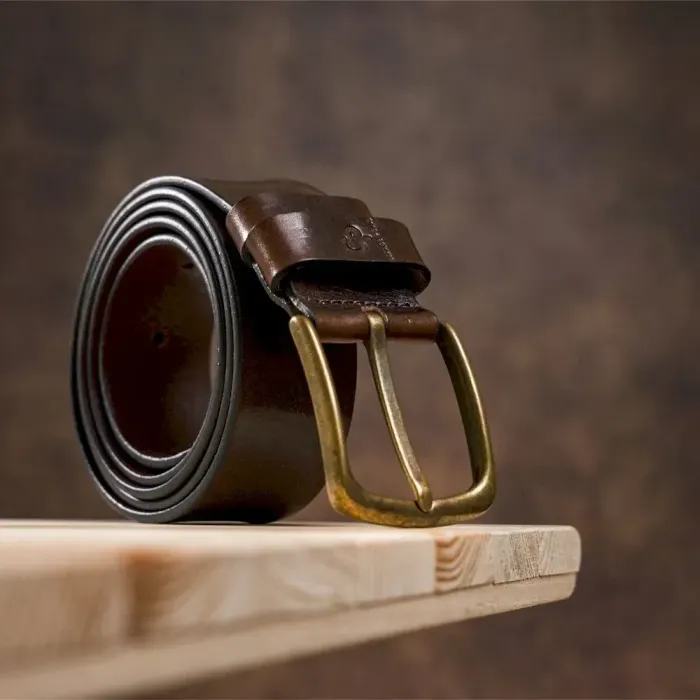 Чоловічий ремень з круглою латунієвою пряжкою Grande Pelle 11269 Червоно-коричневий