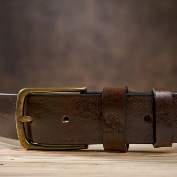 Чоловічий ремень з круглою латунієвою пряжкою Grande Pelle 11269 Червоно-коричневий