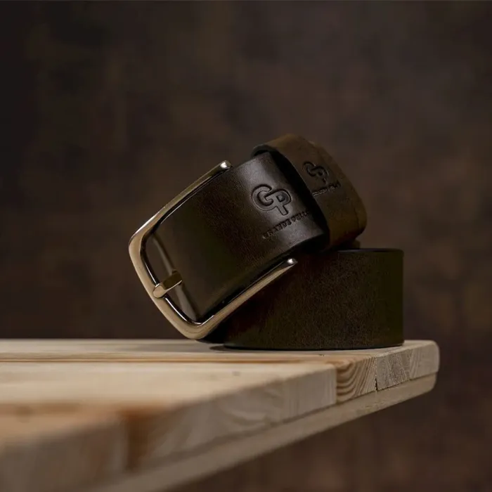 Чоловічий ремень з круглою сріблястою пряжкою Grande Pelle 11273 Сіро-коричневий
