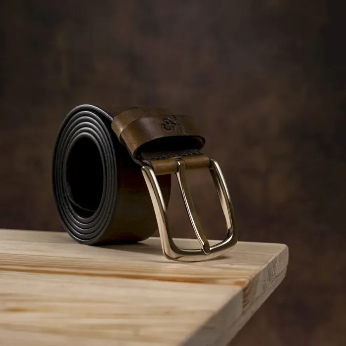 Чоловічий ремень з круглою сріблястою пряжкою Grande Pelle 11273 Сіро-коричневий