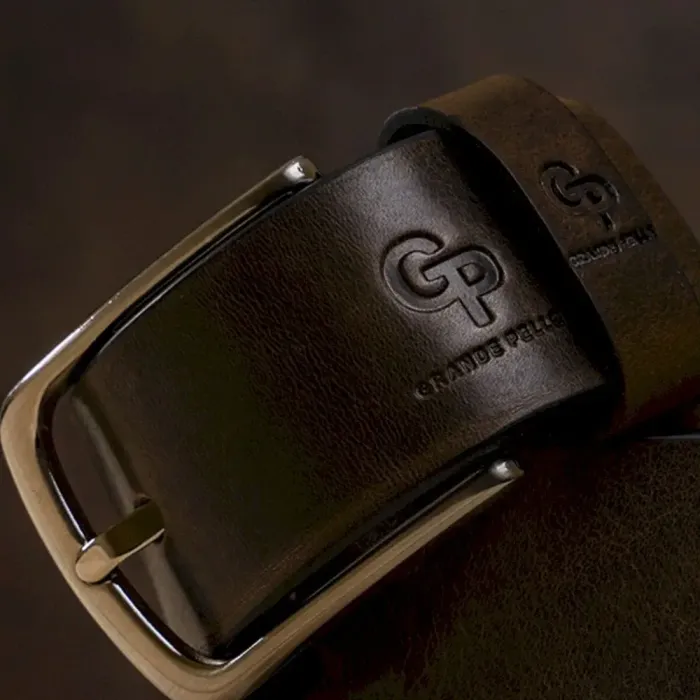 Чоловічий ремень з круглою сріблястою пряжкою Grande Pelle 11273 Сіро-коричневий