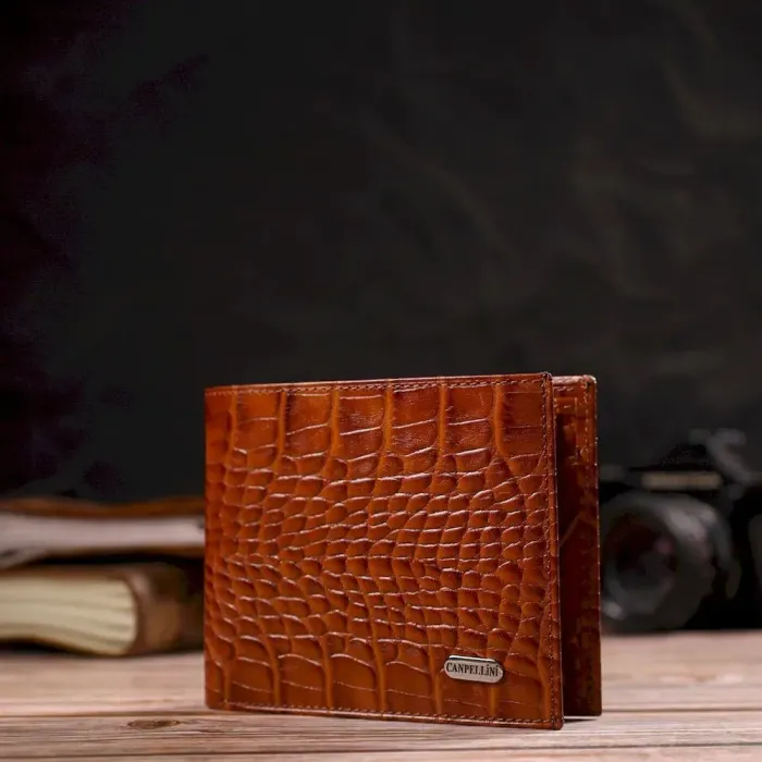 Сучасний гаманець для чоловіків з натуральної шкіри з тисненням під крокодила CANPELLINI 21574 Коричневий