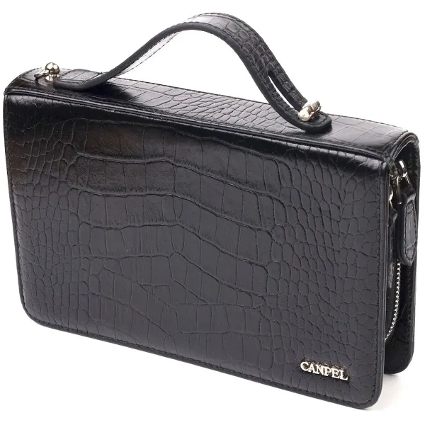 Стильна чоловіча барсетка на два відділення із натуральної фактурної шкіри з тисненням під крокодила CANPELLINI 21570 Чорна
