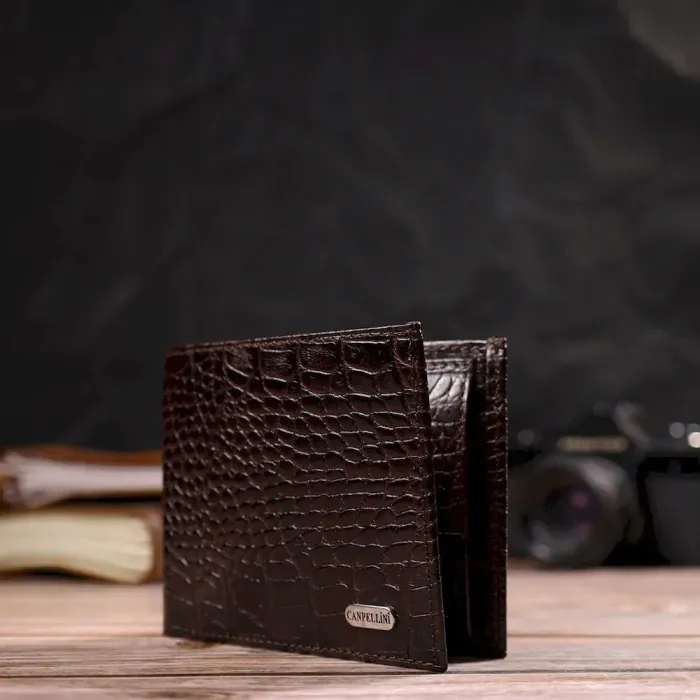 Стильное мужское портмоне из натуральной фактурной кожи с тиснением под крокодила CANPELLINI 21777 Коричневое