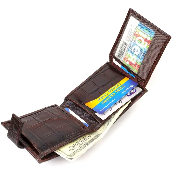 Стильний горизонтальний гаманець для чоловіків з натуральної шкіри з тисненням під крокодила CANPELLINI 21890 Коричневий