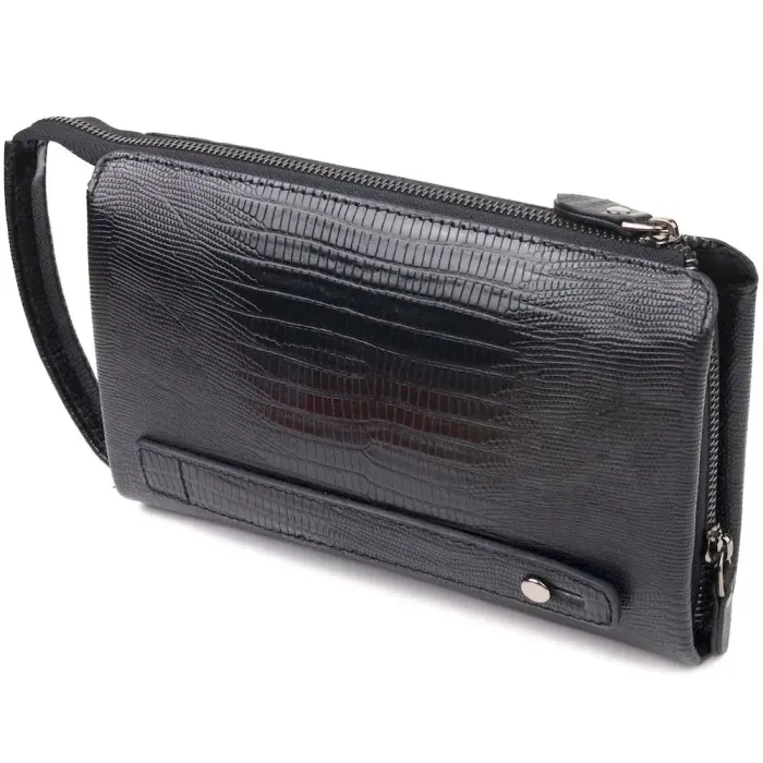 Стильний клатч для чоловіків із натуральної фактурної шкіри з тисненням під рептилію CANPELLINI 21563 Чорний