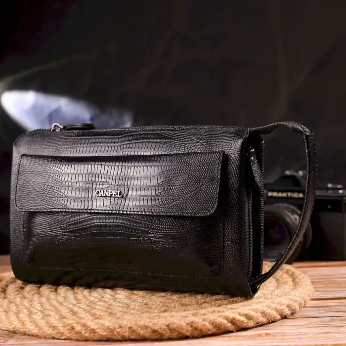 Стильний клатч для чоловіків із натуральної фактурної шкіри з тисненням під рептилію CANPELLINI 21563 Чорний