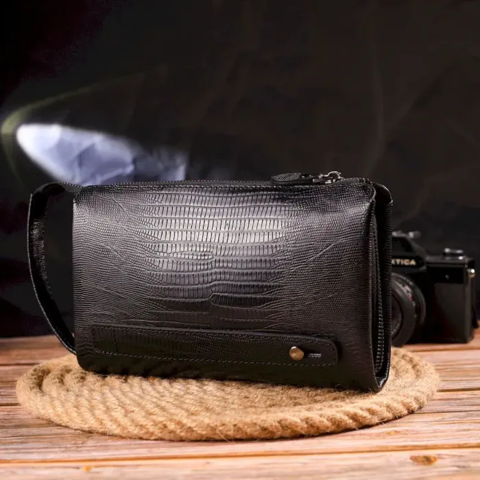 Стильний клатч для чоловіків із натуральної фактурної шкіри з тисненням під рептилію CANPELLINI 21563 Чорний