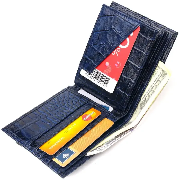 Стильный кошелек для мужчин в два сложения из натуральной фактурной кожи с тиснением под крокодила CANPELLINI 21580 Синий