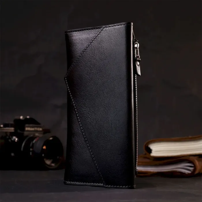 Стильный кошелек с монетницей снаружи из натуральной кожи GRANDE PELLE 11646 Черный