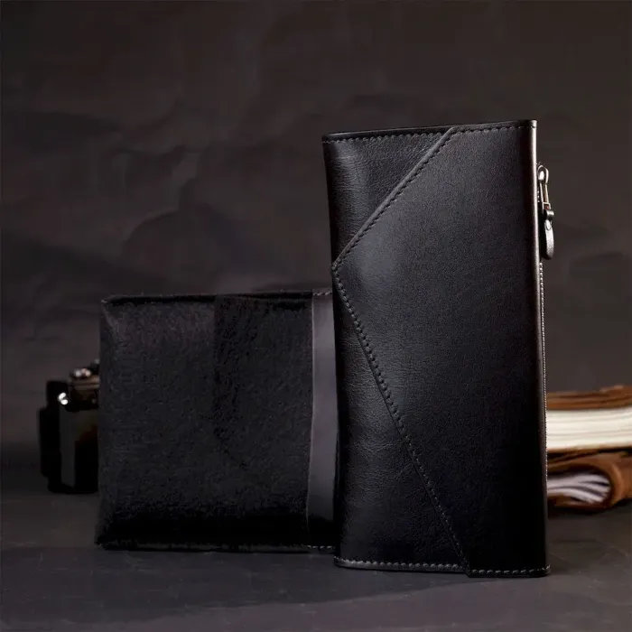 Стильный кошелек с монетницей снаружи из натуральной кожи GRANDE PELLE 11646 Черный