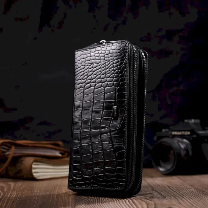 Стильний чоловічий клатч із двома відділеннями з натуральної шкіри з тисненням під крокодила BOND 22026 Чорний