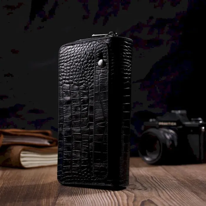 Стильний чоловічий клатч із двома відділеннями з натуральної шкіри з тисненням під крокодила BOND 22026 Чорний