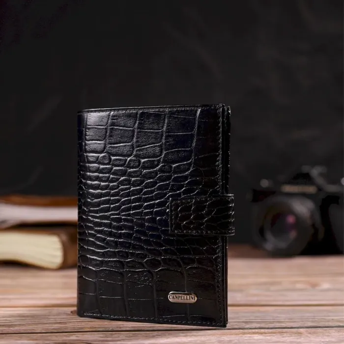 Стильний вертикальний чоловічий гаманець середнього розміру з натуральної шкіри з тисненням під крокодила CANPELLINI 21736 Чорний