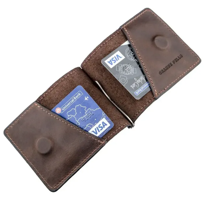 Стильний затиск із натуральної шкіри GRANDE PELLE 11200 Коричневий