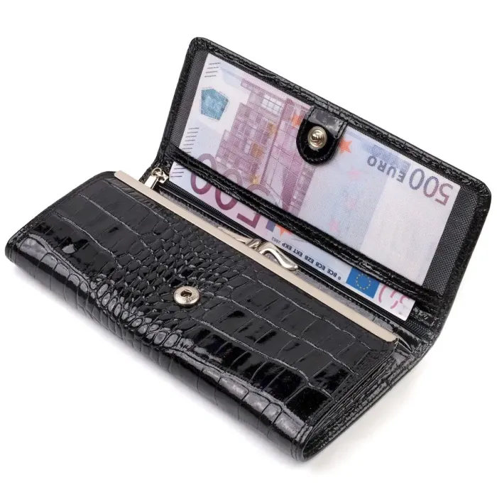 Стильный женский кошелек из лакированной натуральной кожи с тиснением под крокодила CANPELLINI 21707 Черный