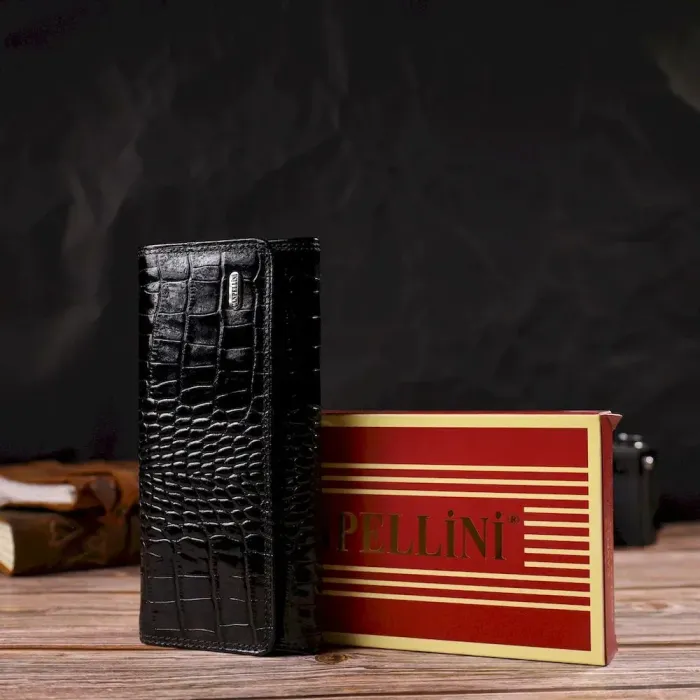 Стильный женский кошелек из лакированной натуральной кожи с тиснением под крокодила CANPELLINI 21707 Черный