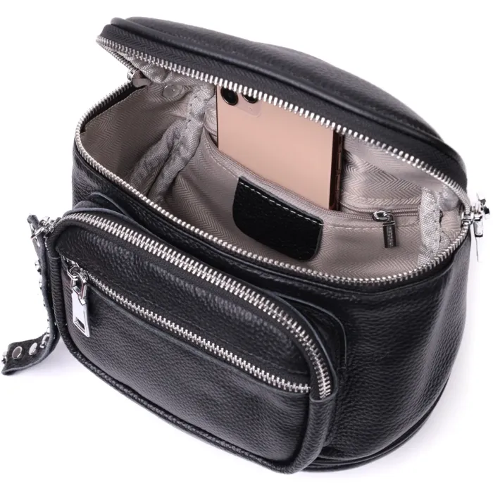 Сумка для женщин с декором в виде кнопок из натуральной кожи Vintage 22388 Черная