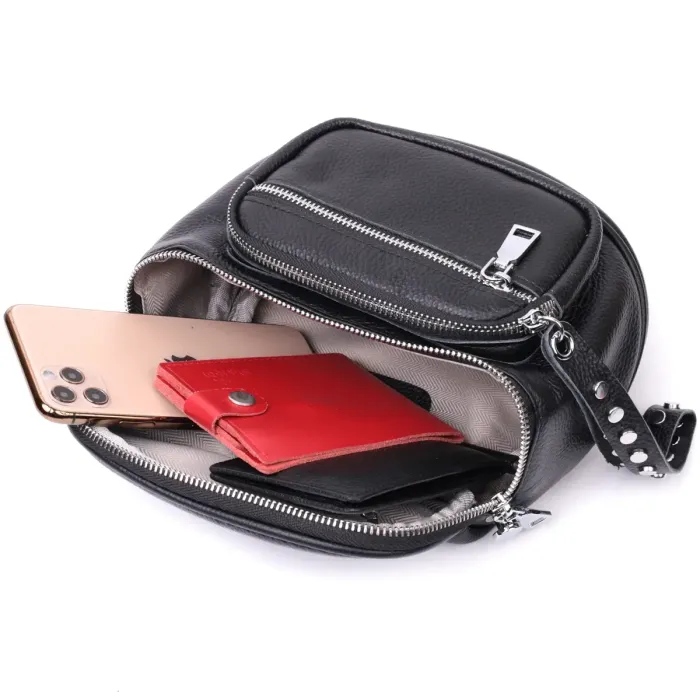 Сумка для женщин с декором в виде кнопок из натуральной кожи Vintage 22388 Черная