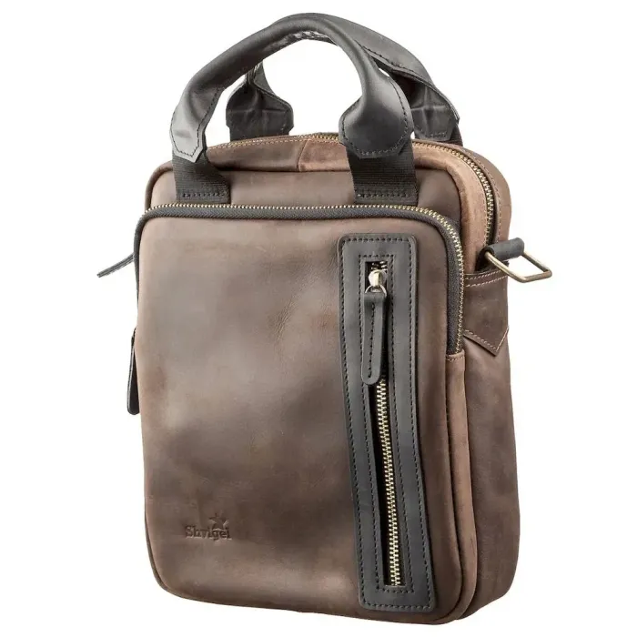 Сумка чоловіча SHVIGEL 11182 у вінтажній шкірі в комбінації коричневого та чорного кольору
