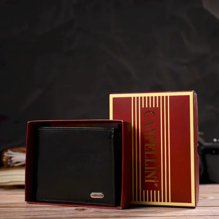 Удобное горизонтальное мужское портмоне из натуральной гладкой кожи CANPELLINI 21779 Черное