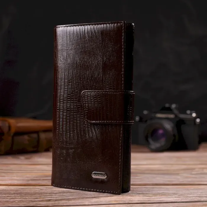 Удобное вертикальное мужское портмоне из натуральной фактурной кожи с тиснением CANPELLINI 21839 Коричневое