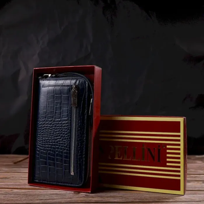 Зручний клатч для жінок із натуральної шкіри із тисненням під крокодила CANPELLINI 21922 Синій