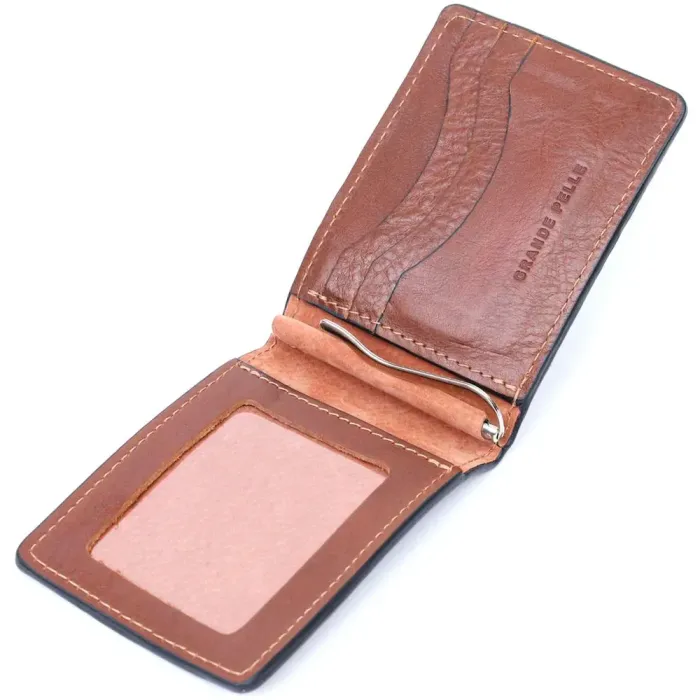 Зручний шкіряний затискач для грошей GRANDE PELLE 11636 Коричневий