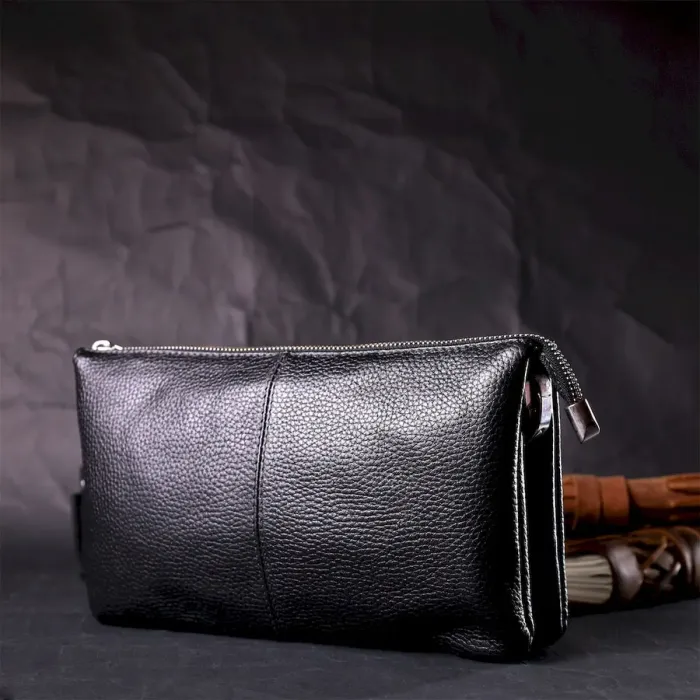 Зручний жіночий клатч із натуральної зернистої шкіри GRANDE PELLE 11697 Чорний