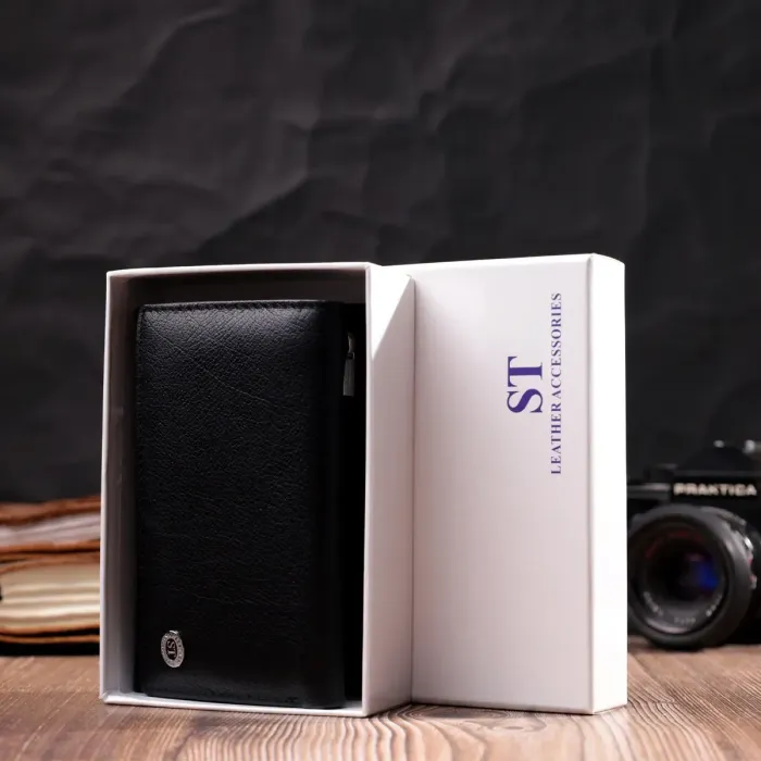 Удобный женский кошелек в три сложения из натуральной кожи ST Leather 19468 Черный