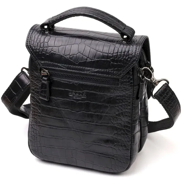 Вертикальная мужская сумка из натуральной кожи с тиснением под крокодила KARYA 21945 Черный
