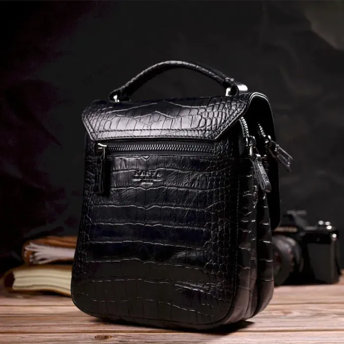 Вертикальная мужская сумка из натуральной кожи с тиснением под крокодила KARYA 21945 Черный