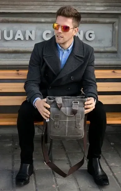 Вертикальна чоловіча шкіряна сумка Vintage 14818 Сіра