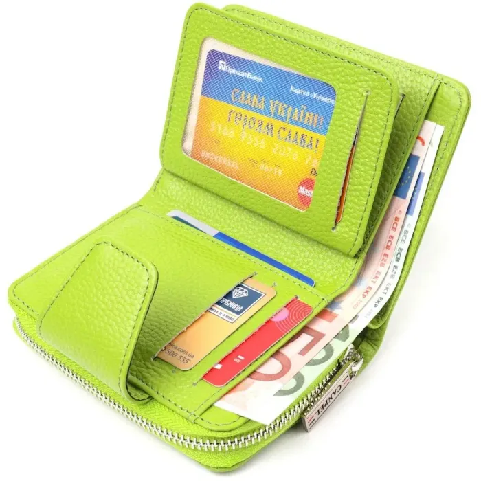 Вертикальное яркое портмоне с монетницей на молнии из натуральной кожи флотар CANPELLINI 21603 Салатовое