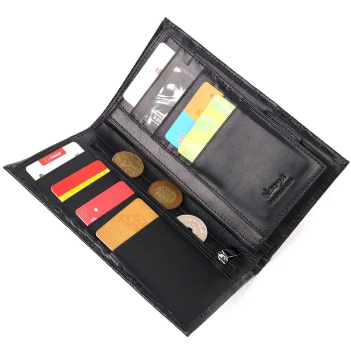 Вертикальний гаманець з натуральної шкіри з тисненням під крокодила KARYA 21139 Чорний