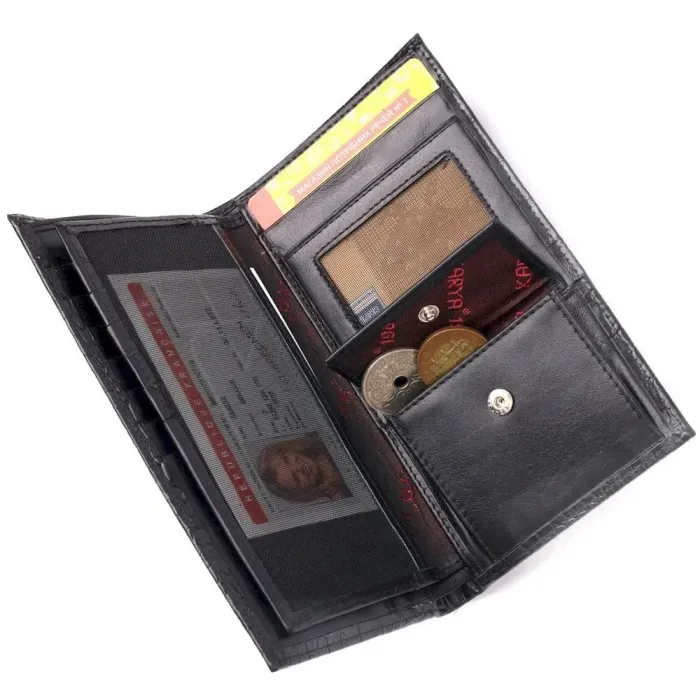 Вертикальний гаманець з натуральної шкіри з тисненням під крокодила KARYA 21139 Чорний