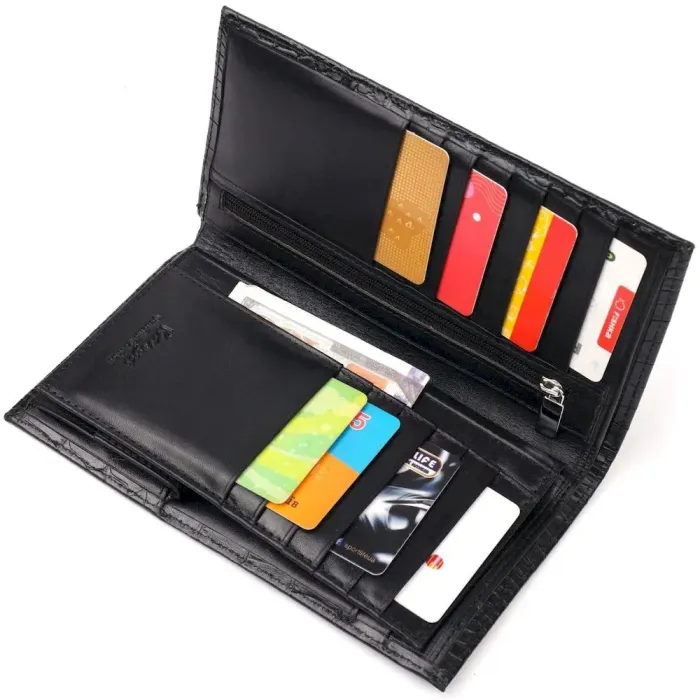 Вертикальний гаманець з натуральної шкіри з тисненням під крокодила KARYA 21139 Чорний