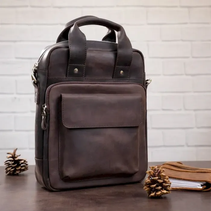 Вінтажна сумка під А4 вертикального формату в матовій шкірі 11166 SHVIGEL, Коричнева