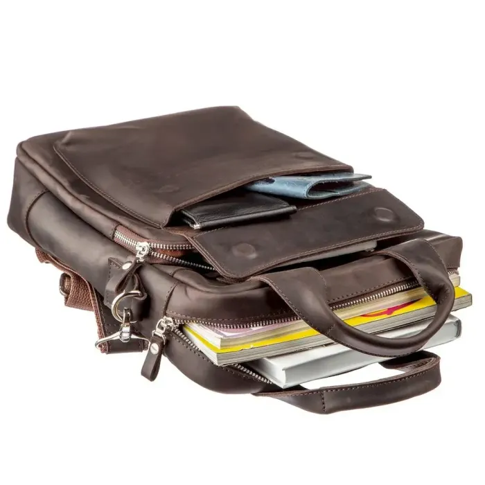 Вінтажна сумка під А4 вертикального формату в матовій шкірі 11166 SHVIGEL, Коричнева