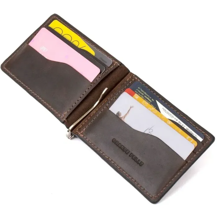 Винтажный кожаный зажим для денег GRANDE PELLE 11473 Коричневый