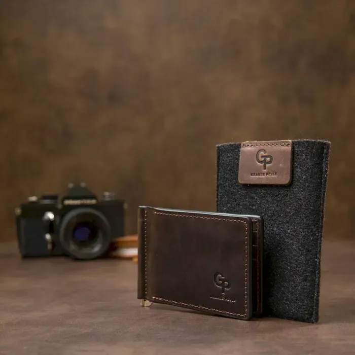 Винтажный кожаный зажим для денег GRANDE PELLE 11473 Коричневый