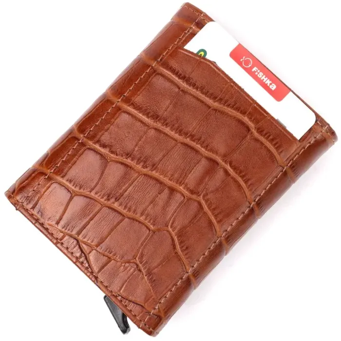 Візитниця з натуральної фактурної шкіри під крокодила KARYA 20986 Коричневий