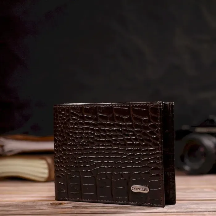 Містке чоловіче портмоне з натуральної шкіри з тисненням під крокодила CANPELLINI 21870 Коричневий