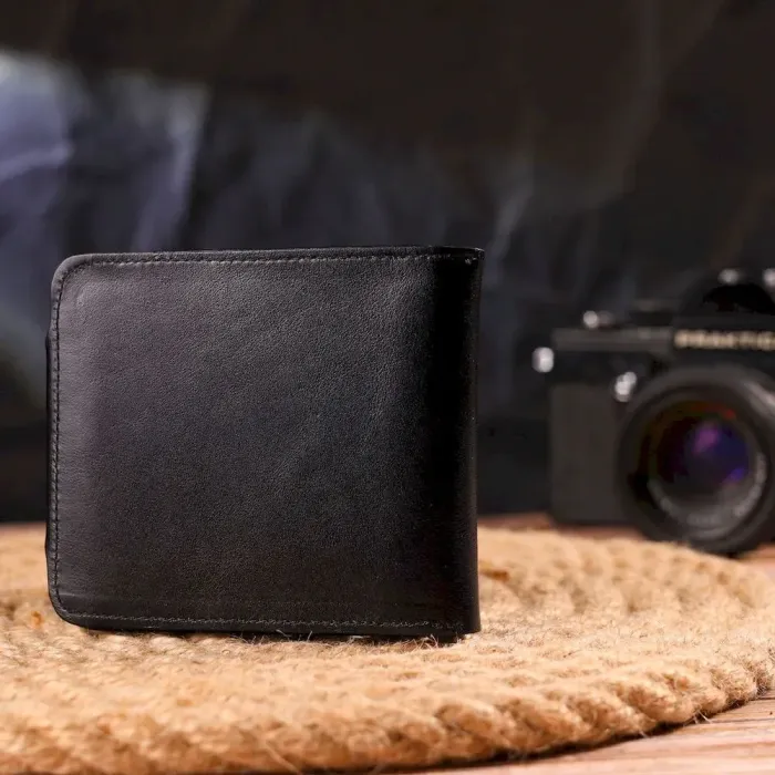 Містке чоловіче портмоне в два складення з натуральної гладкої шкіри CANPELLINI 21573 Чорне