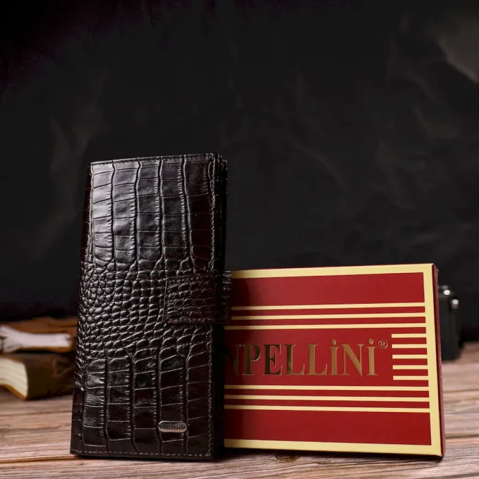 Місткий вертикальний чоловічий портмоне з натуральної фактурної шкіри з тисненням під крокодила CANPELLINI 21720 Коричневий