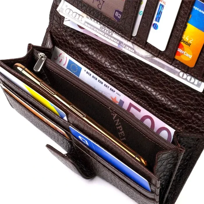 Вместительное вертикальное мужское портмоне из натуральной крупнозернистой кожи CANPELLINI 21840 Коричневое