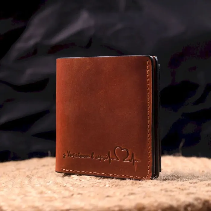 Місткий шкіряний чоловічий гаманець із монетницею Серце GRANDE PELLE 16743 Світло-коричневий