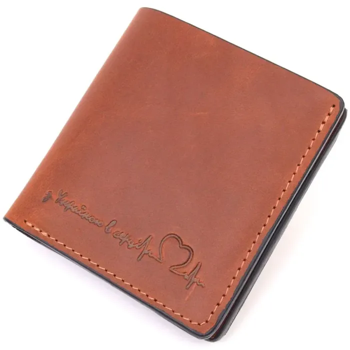 Місткий шкіряний чоловічий гаманець із монетницею Серце GRANDE PELLE 16743 Світло-коричневий