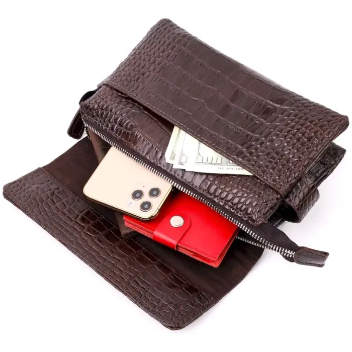 Вместительный мужской клатч с клапаном KARYA 20910 кожаный Коричневый