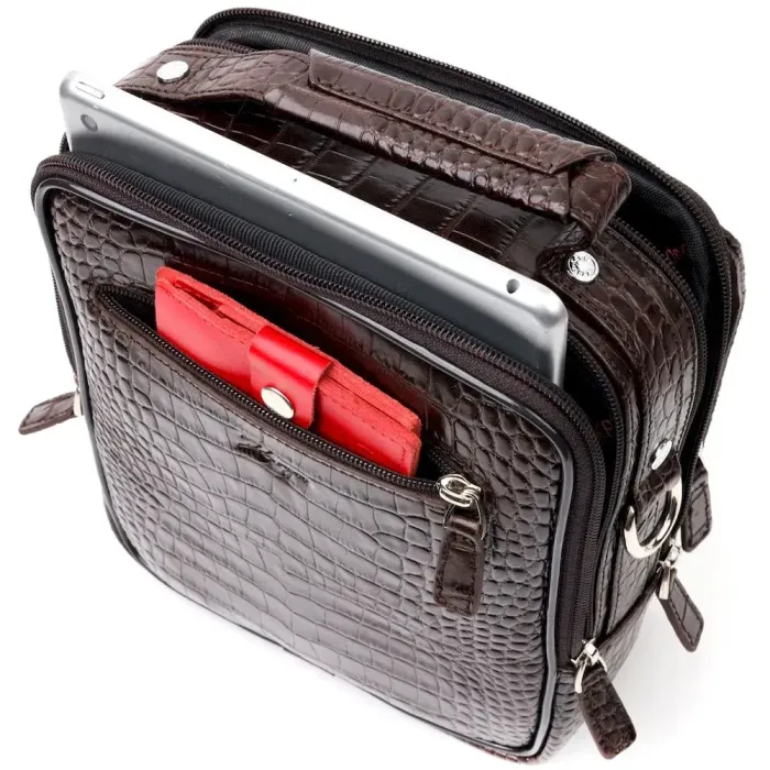 Вместительный мужской мессенджер из фактурной кожи KARYA 20898 Коричневый